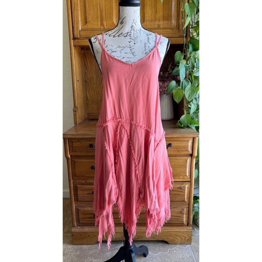 Free People Intimately Tattered Up Shredded Coral Pink Frayed Hem Slip Dress XS
